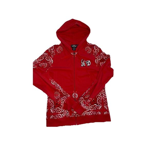 Vintage Harley-Davidson Women’s L Red Zip Graphic BandanaHoodie With Rhinestone - Picture 5 of 9